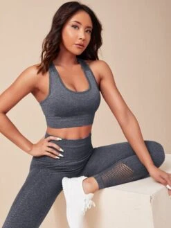 Yoga Basic Seamless Sports Bra & Wide Band Waist Fishnet Panel Leggings -Sculptive Wear 16346218957af7461cf40e9ba6b531ab7acf1eabab thumbnail 405x552