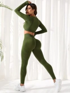 Yoga Basic 2pcs Seamless Mono Yoga Fitness Set Raglan Sleeve Sports Tee & Scrunch Butt Leggings