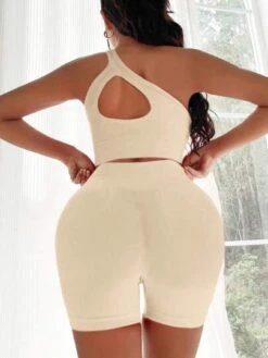 Yoga Sxy Cut Out One Shoulder Ribbed Knit Sports Set