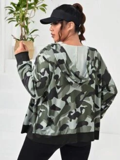 Plus Camo Print Zip Up Hooded Sports Jacket