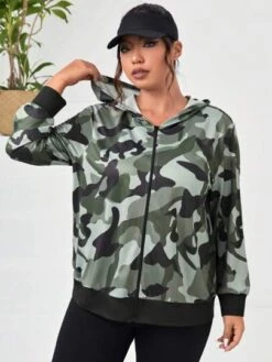 Plus Camo Print Zip Up Hooded Sports Jacket -Sculptive Wear 168819871407a803792d15de525f3fb411212a0951 thumbnail 405x552