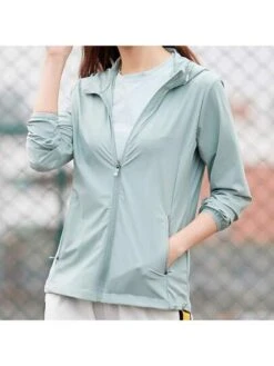 Women's Full Zip Upf 50+ Sun Protection Jacket With Pockets, Hooded Cool Shirt For Hiking Outdoor Performance, Mint Green