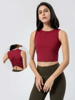 Women's Yoga & Fitness Workout Tank Top With Drawstring Back & Ruched Detail