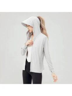 Women's Full Coverage Uv Protection Jacket, Long Sleeve Upf 50+ Sun Protection Shirt, Hooded Sports Outdoor Top, Quick Dry, Light Gray -Sculptive Wear 1688394165e1ebf1044bce3005fa8954b5b4582dcc square thumbnail 405x552