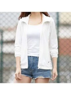 Women's Full-zip Upf 50+ Sun Protection Jacket With Hood & Pockets, Outdoor Cool Shirt For Hiking, White