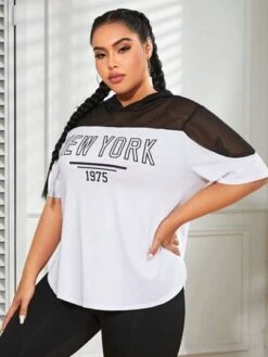 Plus Letter Graphic Contrast Mesh Hooded Sports Tee -Sculptive Wear 168863002996909b41c95fed343685249f83c91dd3 thumbnail 405x552