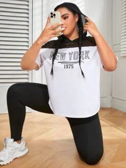 Plus Letter Graphic Contrast Mesh Hooded Sports Tee -Sculptive Wear 168863003246a21c69daf3ea8efb6f69ea1d76aa7b thumbnail 405x552