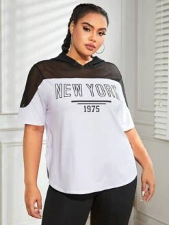 Plus Letter Graphic Contrast Mesh Hooded Sports Tee -Sculptive Wear 1688630034080909b032606b3ed775ad28977f4869 thumbnail 405x552