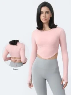 Thumb Hole Back Tie Waist Slim Fit Crop Yoga Top With Long Sleeves -Sculptive Wear 1688631783fbf135c4ed4f242879dbce46f838e1f6 thumbnail 405x552