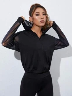 Letter Graphic Contrast Fishnet Hooded Sports Jacket -Sculptive Wear 1688636830e2270bab13ff4f9068c97f2eda5f8cfb thumbnail 405x552