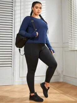 Plus Solid Raglan Sleeve Sports Tee With Thumb Holes -Sculptive Wear 168870779473349dde9257296f1350dbe471cc5e92 thumbnail 405x552