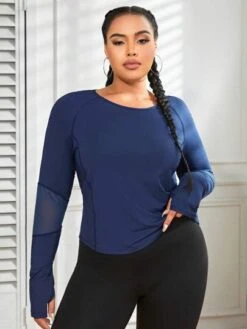 Plus Solid Raglan Sleeve Sports Tee With Thumb Holes -Sculptive Wear 1688707796054a7d419431f613276979729d97e9a8 thumbnail 405x552