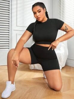 Plus Solid Raglan Sleeve Sports Set -Sculptive Wear 16887102283fc4eb969e49d51ca702360675bf446b thumbnail 405x552