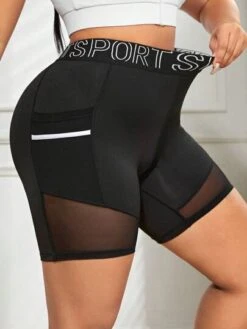 Plus Letter Graphic Mesh Insert Sports Shorts With Phone Pocket -Sculptive Wear 16887185251e05bd776bd68acd60f26543fc7ad3ba thumbnail 405x552