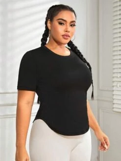 Plus Solid Round Neck Sports Tee -Sculptive Wear 1688719589338a1d5909ce808446d1f8c0e079bc3f thumbnail 405x552