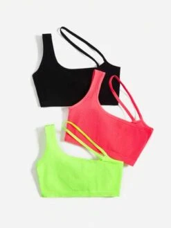 3pcs Solid Asymmetrical Neck Seamless Sports Bra