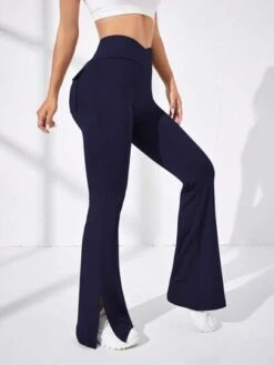 Wide Waistband Flap Pocket Split Hem Flare Leg Sports Pants -Sculptive Wear 16889704914cd60d9231c08dcf2a326c957a8ee11f thumbnail 405x552