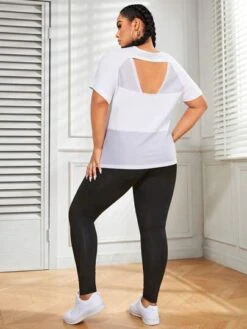 Plus Solid Sports Tee & Mesh Insert Sports Leggings Sports Set