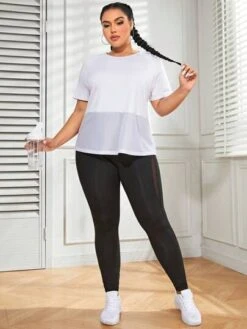 Plus Solid Sports Tee & Mesh Insert Sports Leggings Sports Set -Sculptive Wear 16889760332f293a982317ea8dafe7db89b1784cee thumbnail 405x552