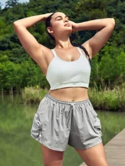 SHEIN Leisure Plus Drawstring Waist Sports Shorts With Phone Pocket -Sculptive Wear 16891483735508258d1a46b70187692c4b1c58b5df thumbnail 405x552