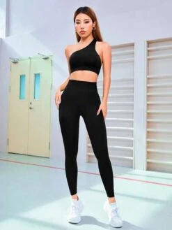 Solid Asymmetrical Neck Cut Out Back Sports Set