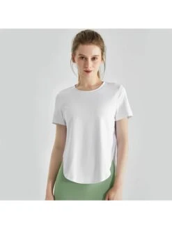Women's Short Sleeve Yoga Top, Loose Fit, With Curved Slit Hem For Running And Quick-drying