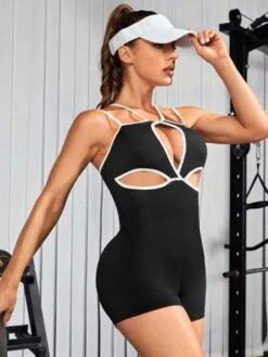 Contrast Binding Cut Out Front Cami Unitard Romper -Sculptive Wear 16904213517cb5d2c8e264e3254741a71a979b5c48 thumbnail 405x552
