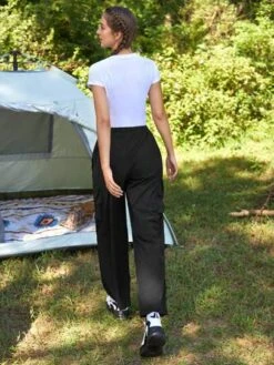 SHEIN In My Nature Women's Outdoor Waterproof Splash-proof Reflective Logo Print Multi-pocket Elastic Waist Fashion Hiking Pants With Adjustable Waist