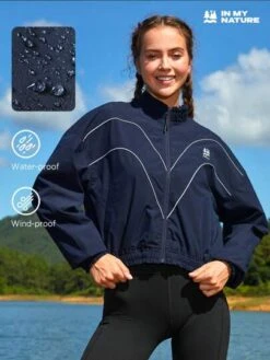 SHEIN In My Nature Women's Softshell Anti-splash Fashionable Retro-style Reflective Logo Jacket, Elastic Waist, And Cuff -Sculptive Wear 16905103805150deb9faa7e2386aaa562949251d9e thumbnail 405x552