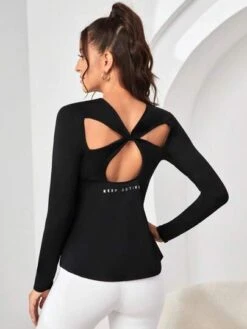 Letter Graphic Cut Out Back Twist Back Sports Tee -Sculptive Wear 169085725940c9d09293906e37c2a68033bbe9297f thumbnail 405x552