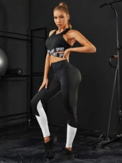 Letter Graphic Sports Bra & Colorblock Sports Leggings -Sculptive Wear 1690857558c00a9c35597305e19e9270ad43007304 thumbnail 405x552