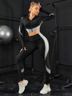 Colorblock Contrast Mesh Sports Jacket & Leggings Sports Set -Sculptive Wear 1690887168737739fd2c500cd0fb7195d742e054ff thumbnail 405x552