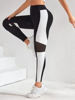 Colorblock Contrast Mesh Insert Tummy Control Sports Leggings