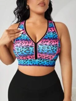 Plus Leopard Print Contrast Binding Sports Bra
