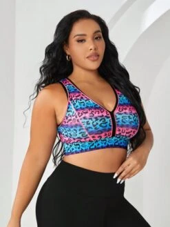 Plus Leopard Print Contrast Binding Sports Bra -Sculptive Wear 16921585841a547c72cec48c540e4f9c1a20909d6d thumbnail 405x552